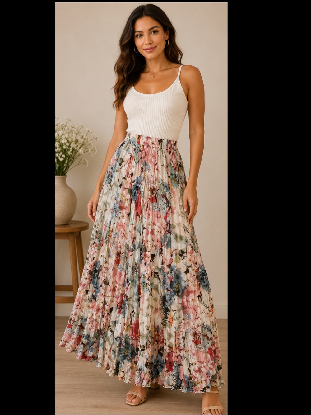 Zac & Rachel Flora  Pleated Maxi Skirt in Cream with Pink & Blue.. boho prairie
